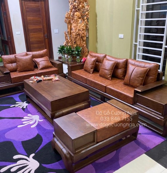 Bộ bàn ghế sofa gỗ sồi nga 2 văng - mẫu đùi gà kèm nêm 