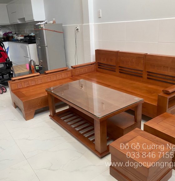Bàn Ghế Góc Gỗ Sồi Nga Mặt Liền Tay Trứng - 2mx1m8 Màu Xoan 