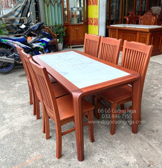 Bộ bàn ăn gỗ Xoan Đào 6 ghế 9 lan - mặt đá đẹp hiện đại