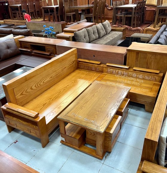 Bộ bàn ghế sofa gỗ sồi nga góc L 2mx1m8 màu gõ đỏ - lưng liền giá rẻ 