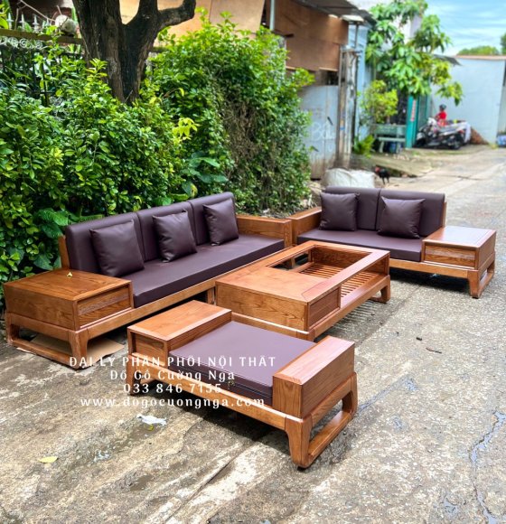 Bộ ghế sofa gỗ sồi nga 2 văng choãi - lau màu hương đẹp hiện đại 