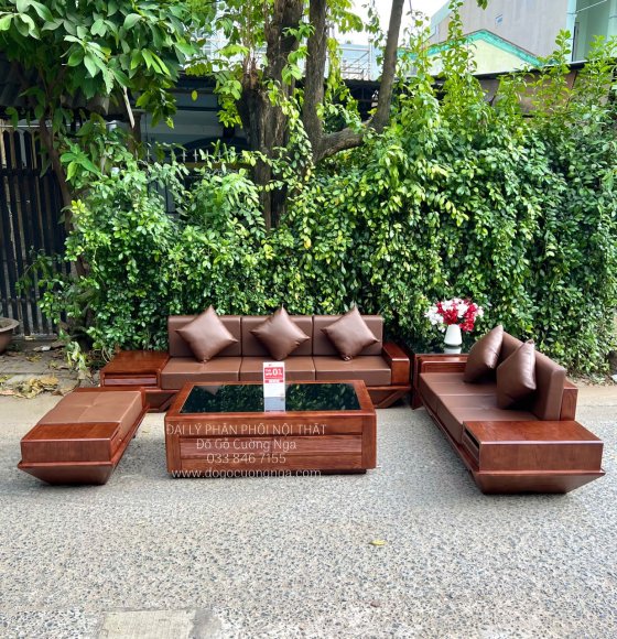 Bộ bàn ghế sofa gỗ sồi nga 2 văng mẫu thuyền cao cấp - vế vế trái 