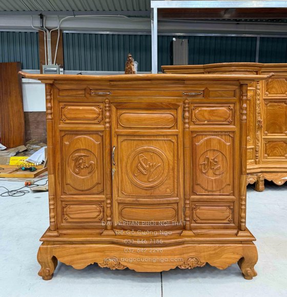 Tủ Thờ Gỗ Gõ Đỏ Cánh Cong 1m53 - Trạm Chữ 