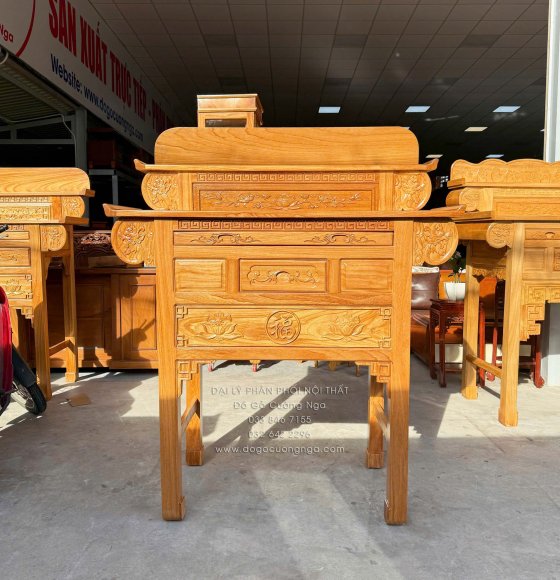 Bàn Thờ 2 Tầng Gỗ Gõ Đỏ 1m27 Chạm Sen - Chữ Phúc