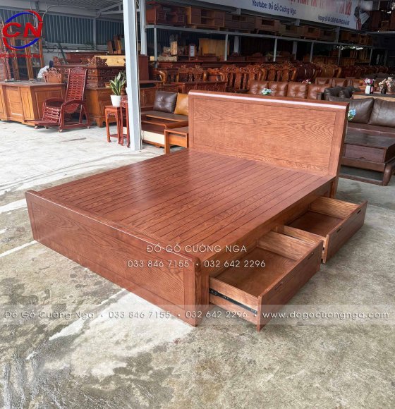 Giường Ngủ Ngăn Kéo Gỗ Sồi Màu Óc Chó Sơn Ichem Cao Cấp - Phản Thưa
