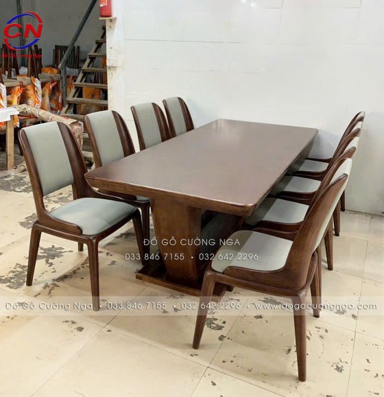 Bàn Ăn Gỗ Sồi Nga Màu Óc Chó Chân Thuyền 8 Ghế Nệm Hiện Đại