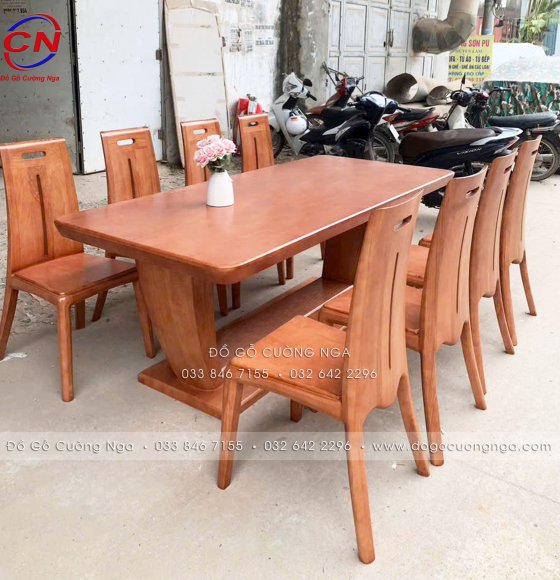Bàn Ăn Gỗ Sồi Nga Chân Thuyền 8 Ghế Màu Xoan Đẹp Mắt