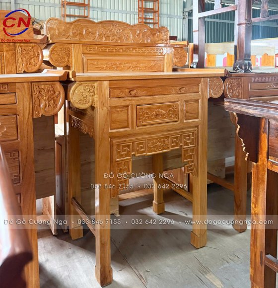 Bàn Thờ 2 Tầng Gỗ Gõ Đỏ 1m27 Chạm Sen Phong Thủy