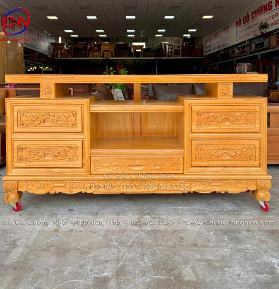 Kệ Tivi Gỗ Gõ Đỏ 5 Ngăn Kéo Đẹp Chuẩn Cổ Điển