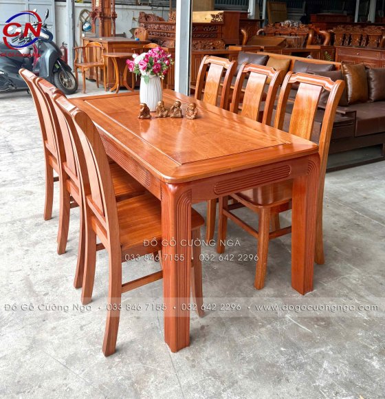 Bộ bàn ăn gỗ xoan đào 6 ghế tựa cong 0.60