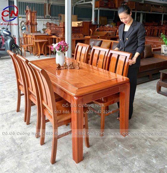 Bộ bàn ghế ăn gỗ xoan đào 6 ghế cao cấp - chân soi ghế 2 lá 