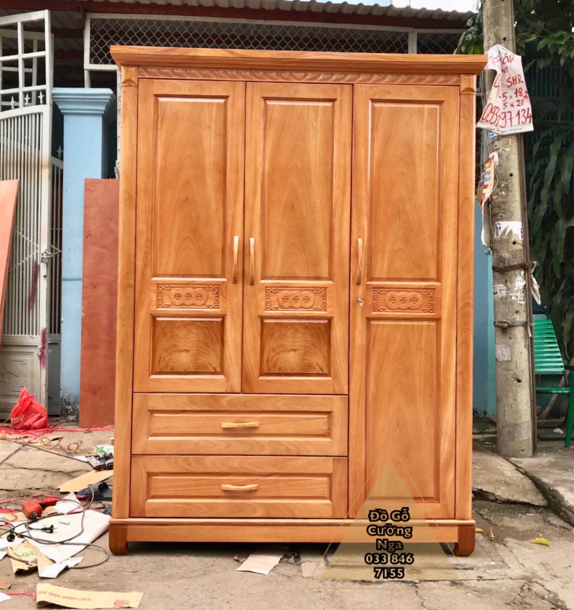 tủ quần áo gỗ gõ đỏ 3 cánh
