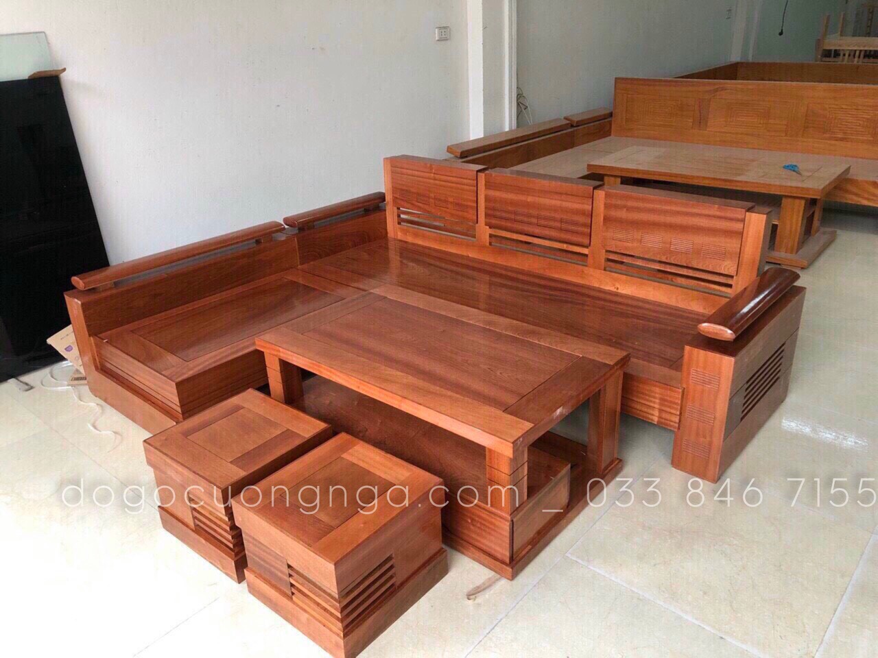 bàn ghế sofa gỗ xoan đào góc tay trúng 