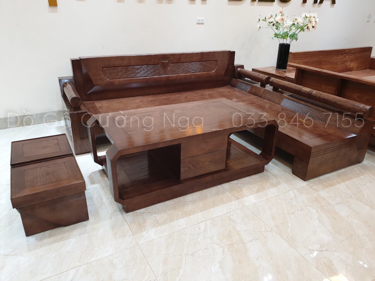sofa góc L gỗ sồi nga lu màu óc chó 