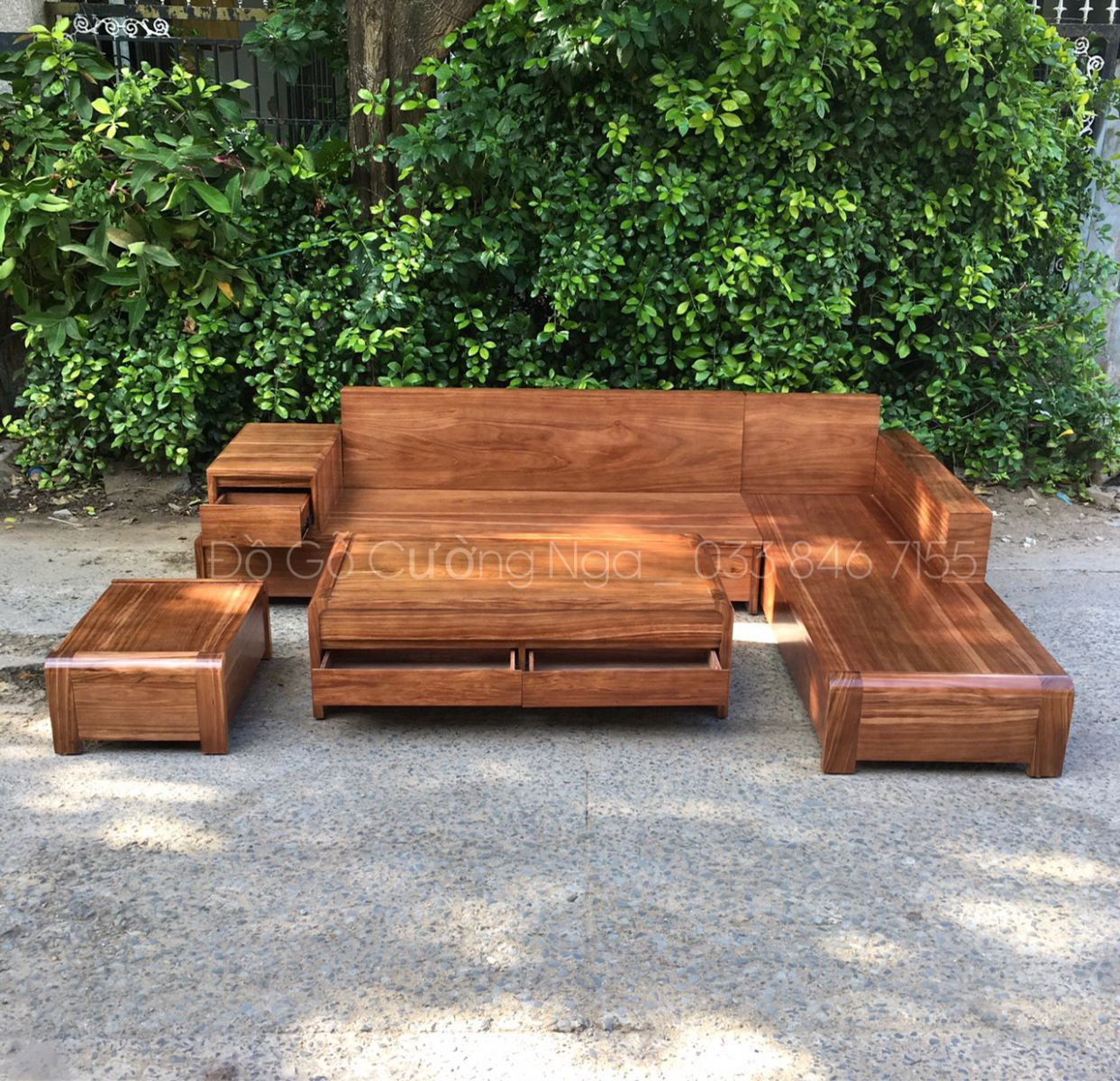 bàn ghế sofa gỗ góc hương xám hiện đại 