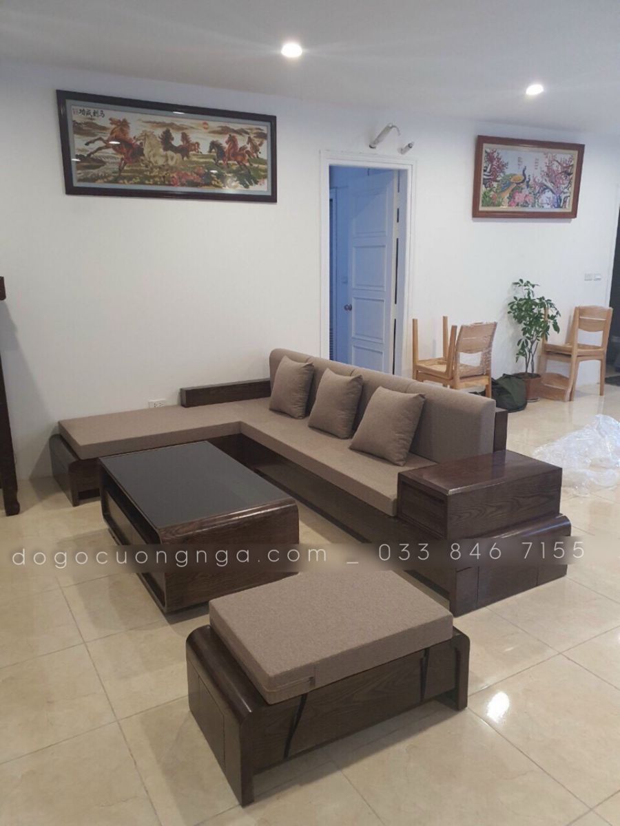 sofa góc L gỗ sồi nga lu màu óc chó 