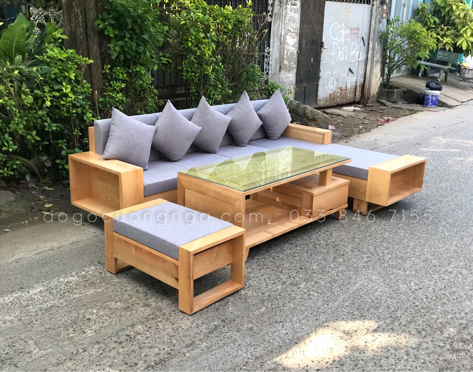 Bộ abfn ghế sofa gỗ sồi góc L 