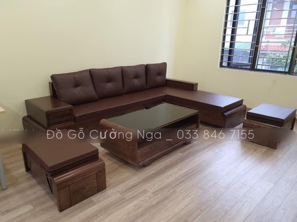 sofa gỗ sồi lau màu óc chó kèm nệm cao cấp