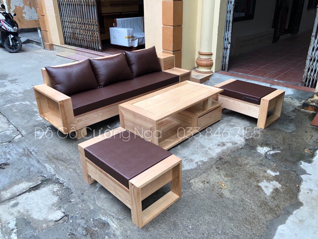 bàn ghế salon góc gỗ sồi nga