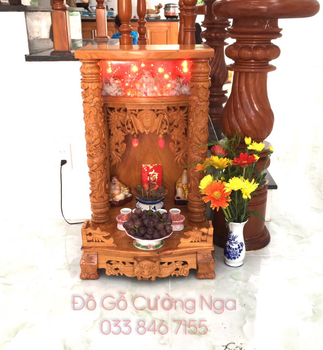 Bàn thờ ô địa - thần tài gỗ Gõ Đỏ  50cm hộp đèn 