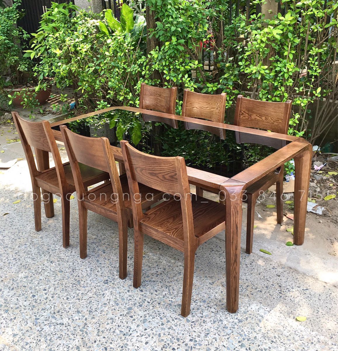 bàn ăn 6 ghế gỗ sồi màu óc chó 