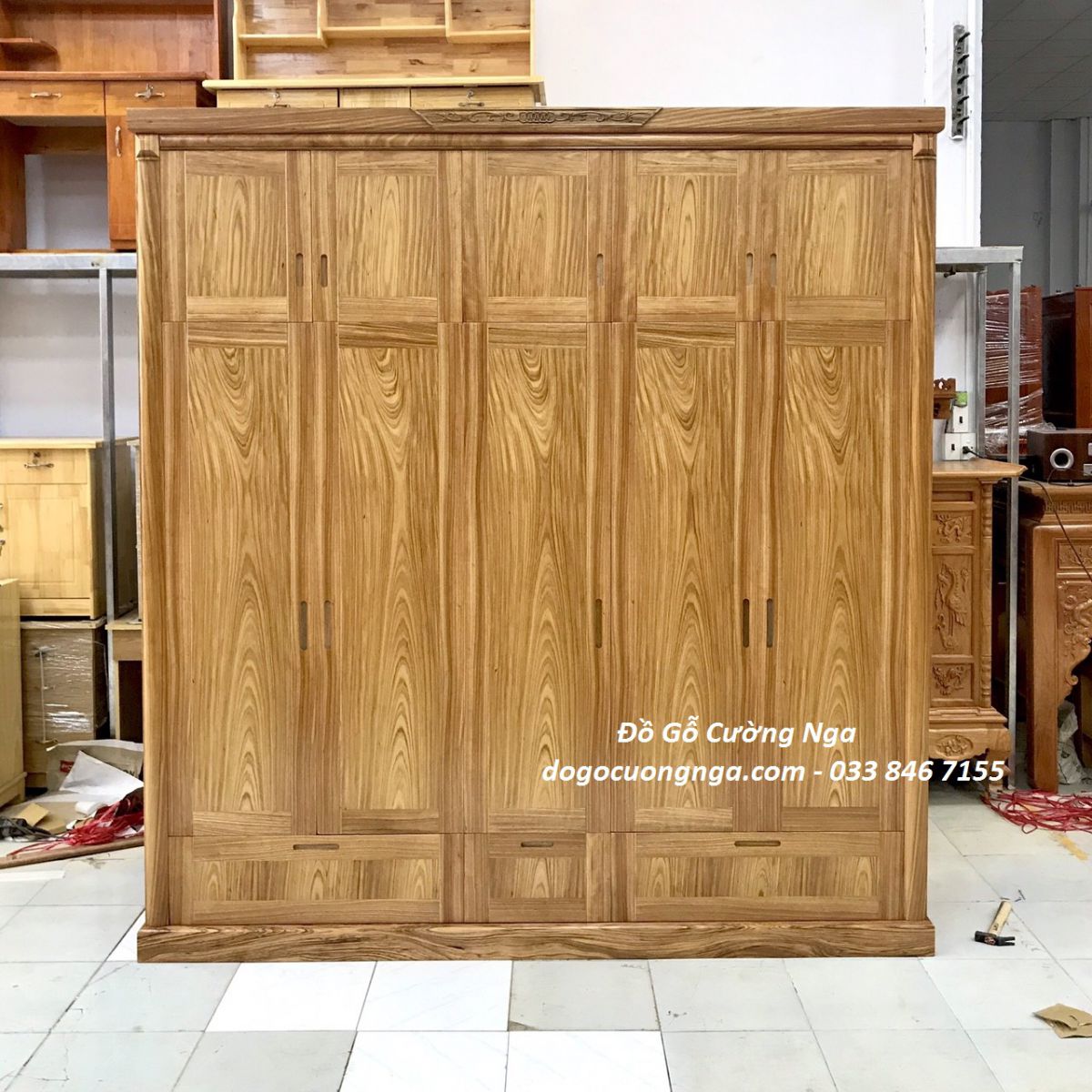 tủ quần áo gỗ hương xám 5 cánh 2 tầng
