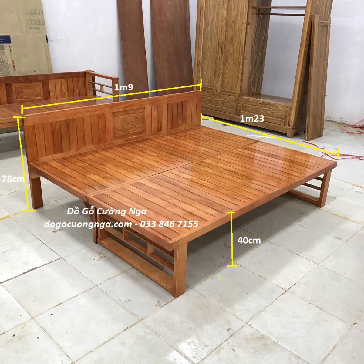 giường gấp chân cao gỗ sồi 