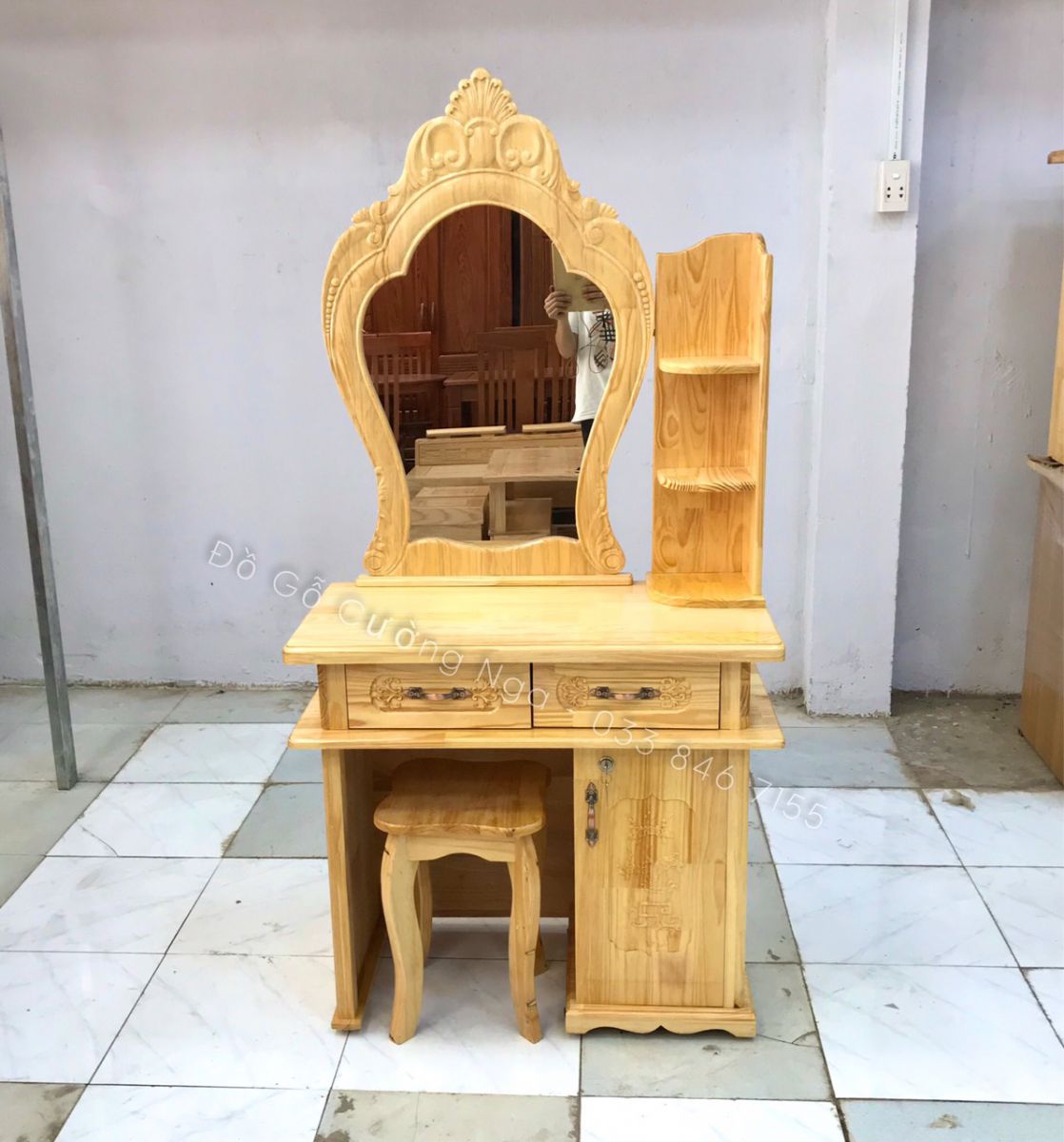 Bàn trang điểm gỗ thông 80cm - mẫu tân cổ điển hiện đại