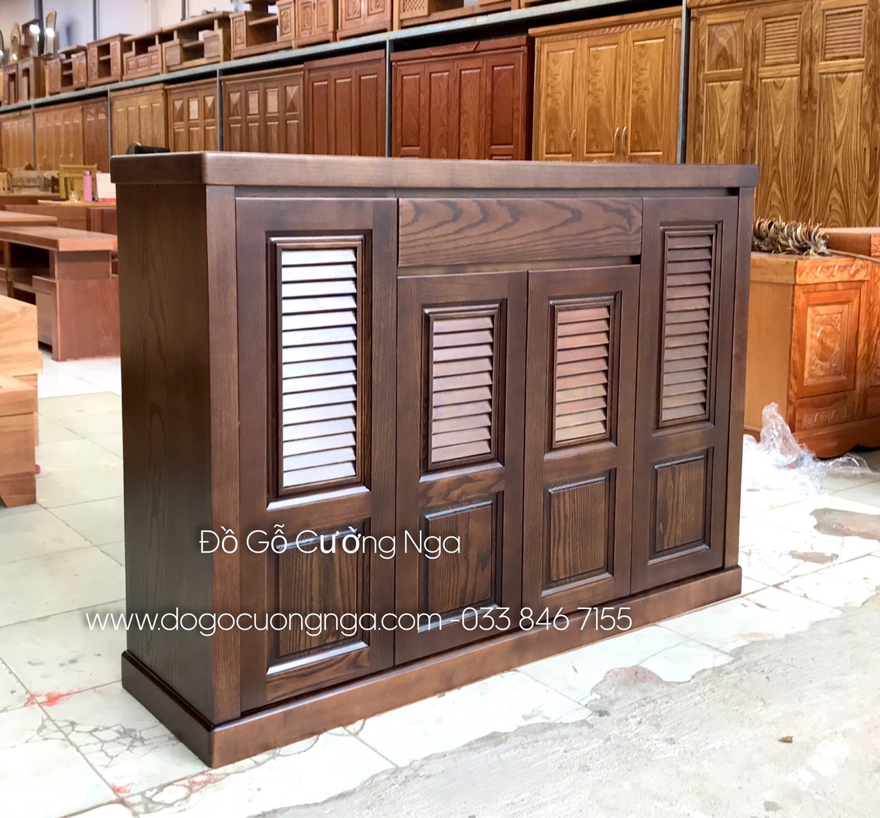 Tủ giày dép gỗ sồi lau màu óc chó 4 cánh