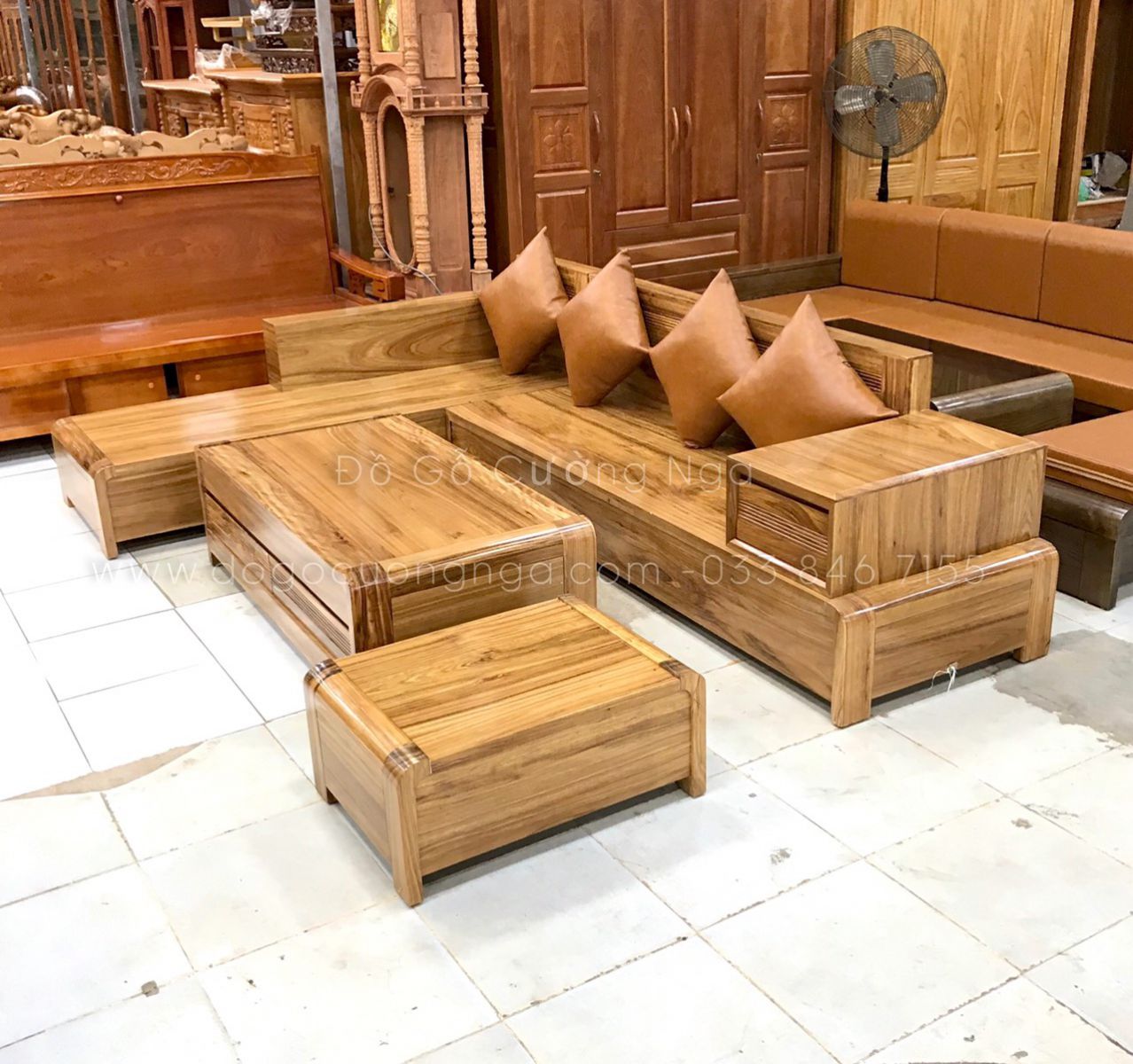 sofa góc L gỗ hương xám