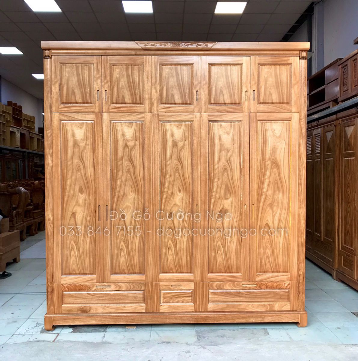 tủ quần áo gỗ hương xám 5 cánh 2 tầng 