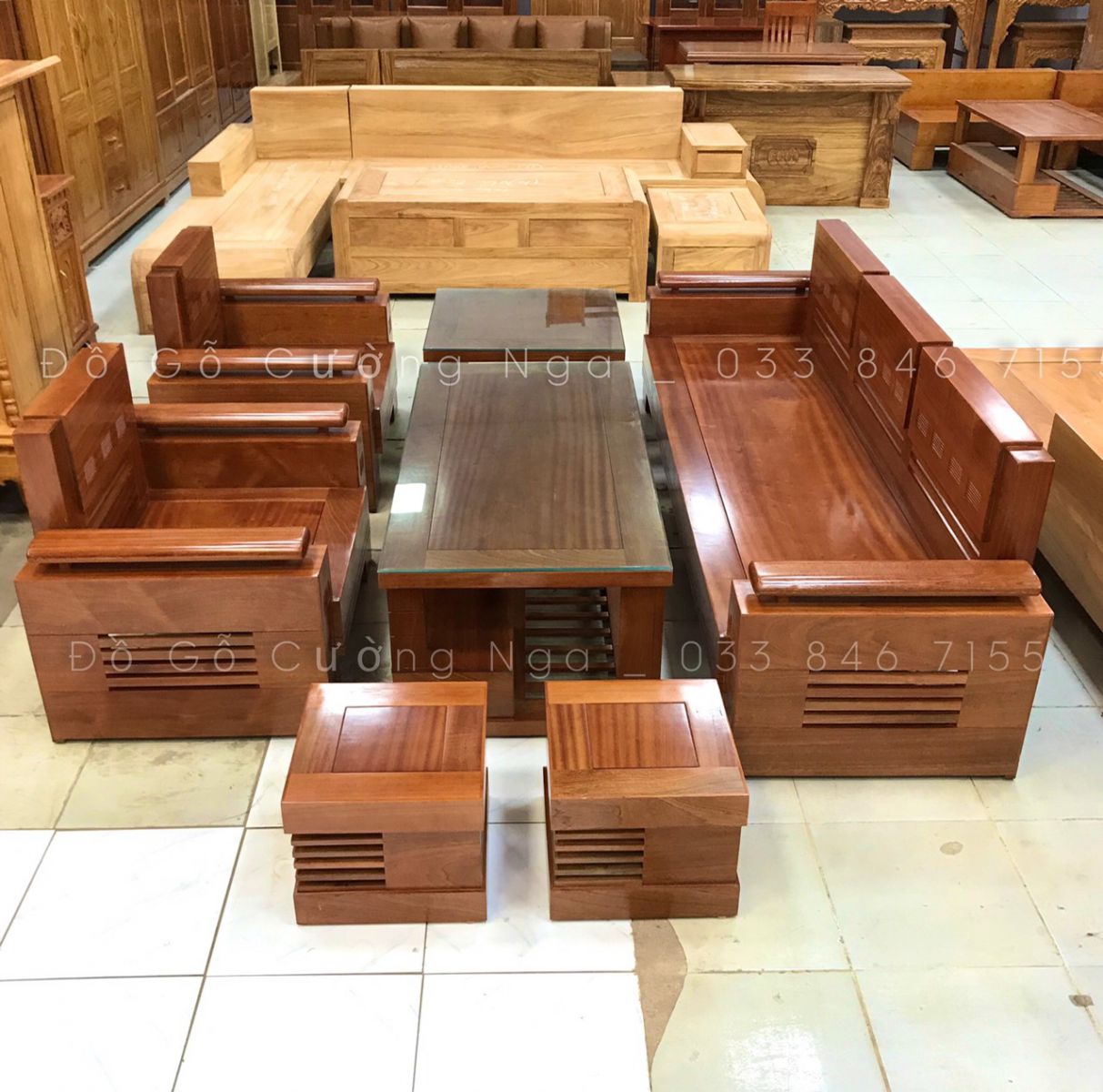 bộ sofa gỗ xoan đào mẫu đối tay trứng 