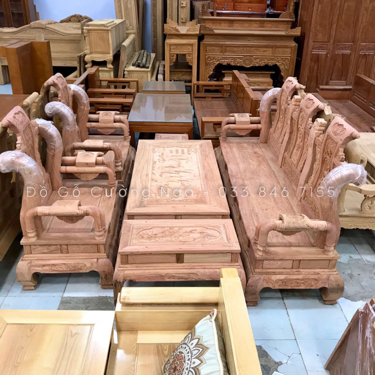 bộ bàn ghế salon gỗ hương đá tay 12