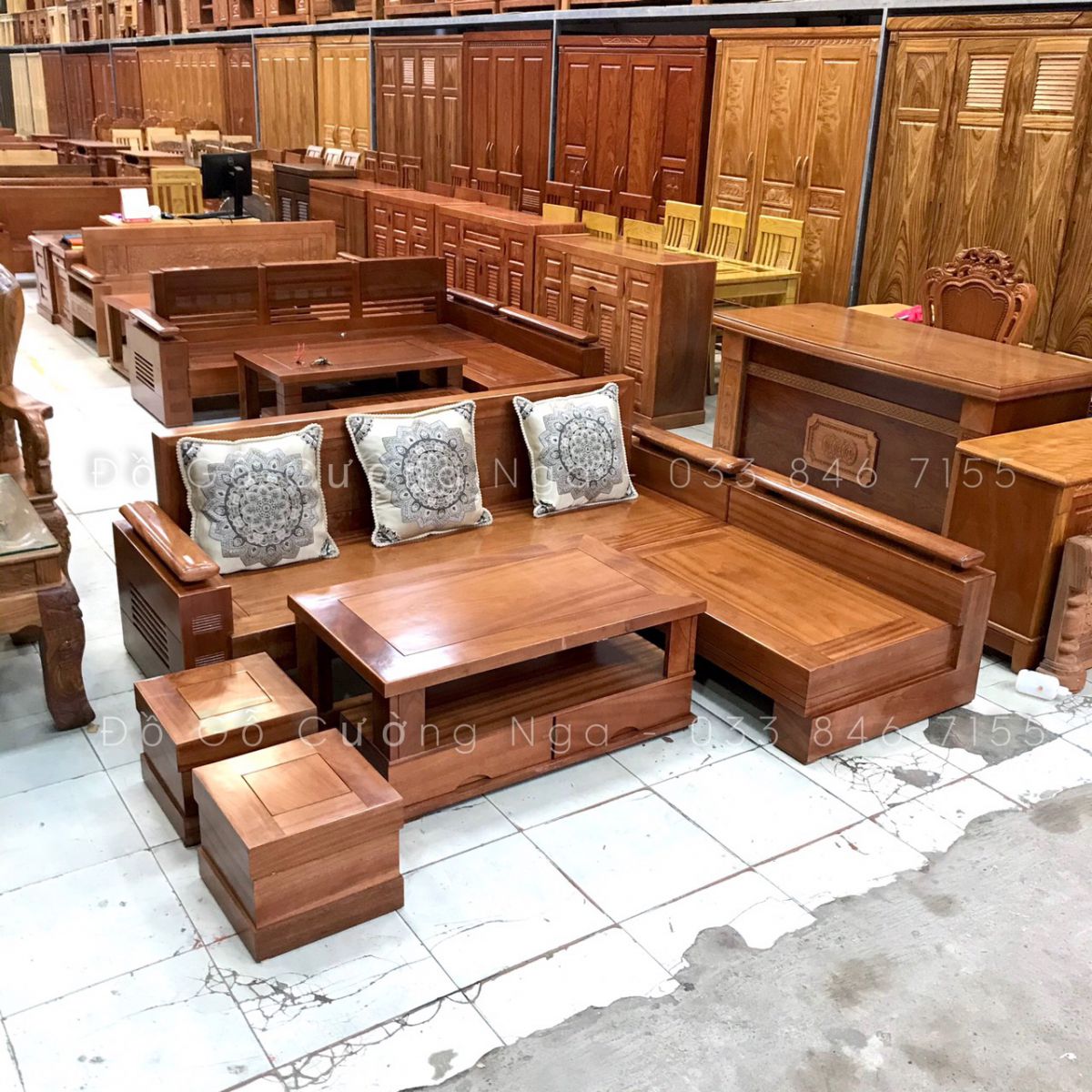 bộ sofa gỗ xoan đào góc L 