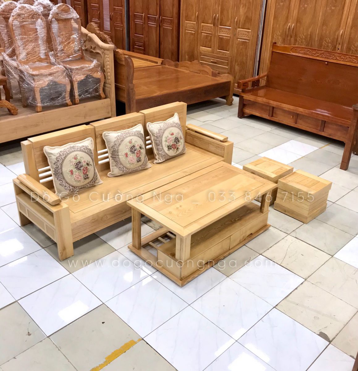 sofa gỗ sồi 1 ghế dài nhà nhỏ 