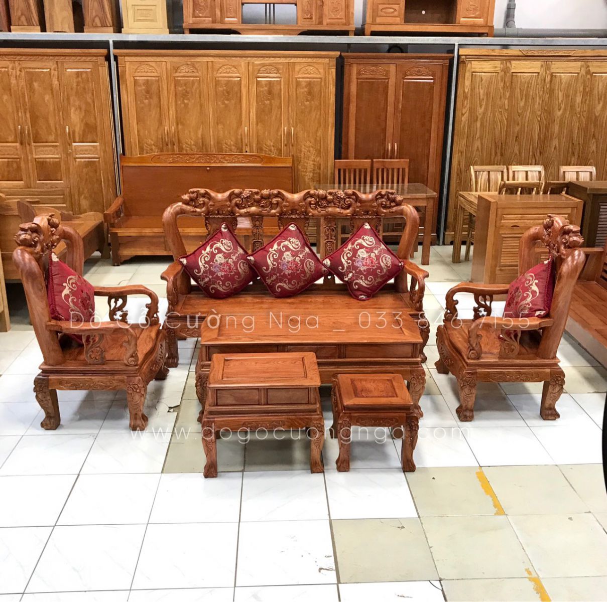 bộ bàn ghế salon gỗ hương đá tay 10 - 6 món 