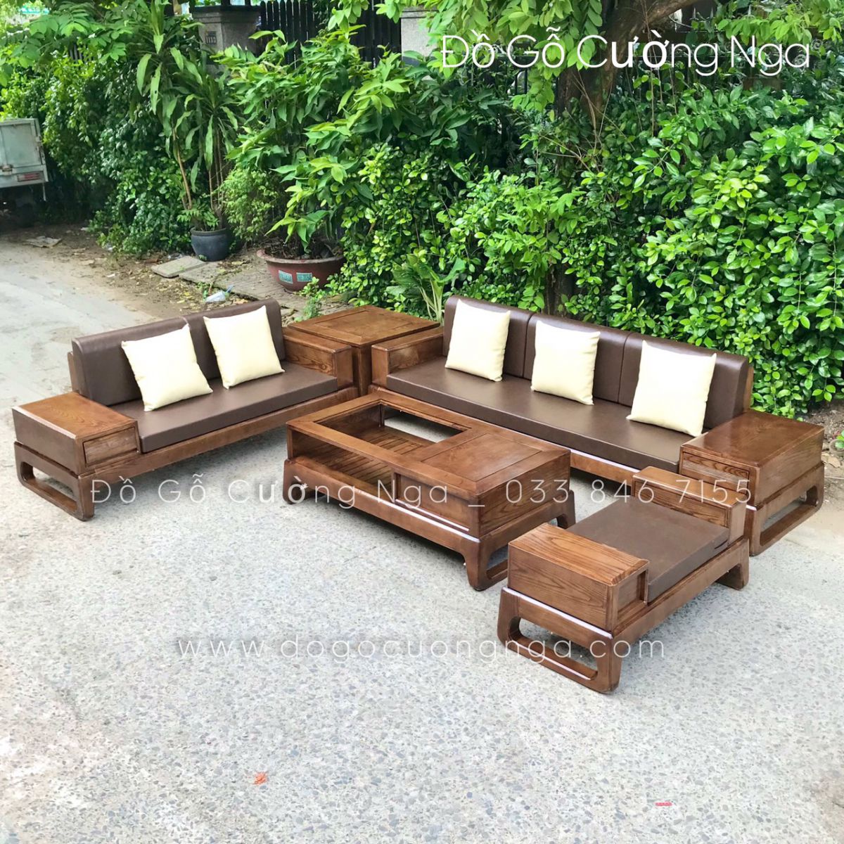 bộ sofa gỗ sồi nga màu óc chó kèm nệm 