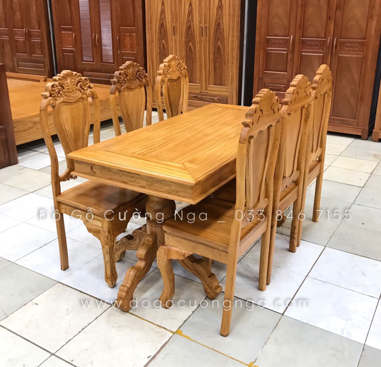 Bộ bàn ăn gỗ gõ đỏ 6 ghế bàn vuông 