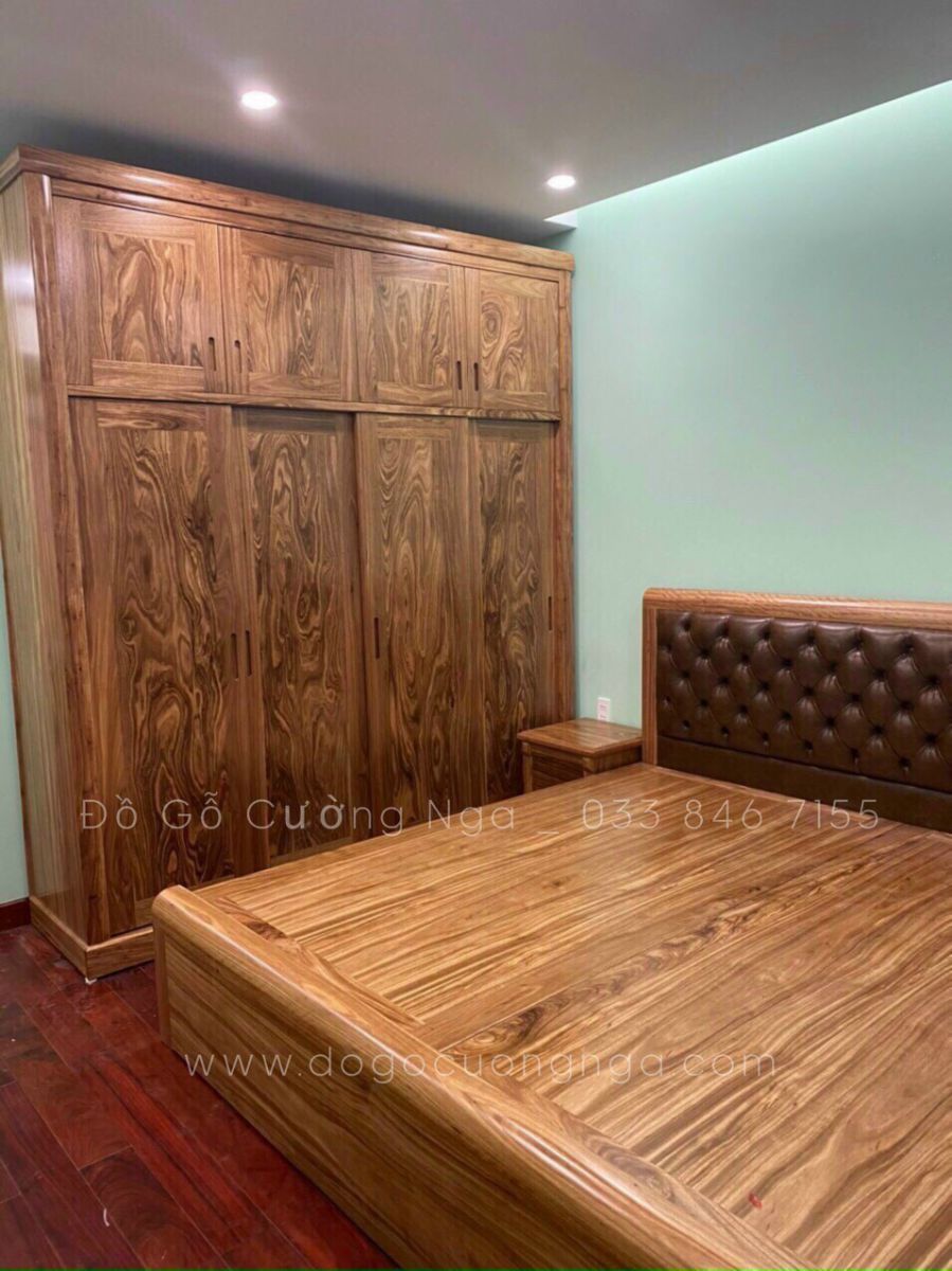 combo giường - tủ quần áo gỗ hương xám 