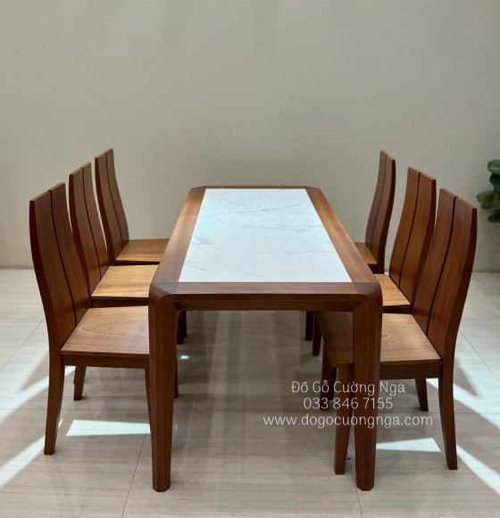 Bộ bàn ăn gỗ xoan đào 6 ghế kết hợp mặt đá BA 80-10